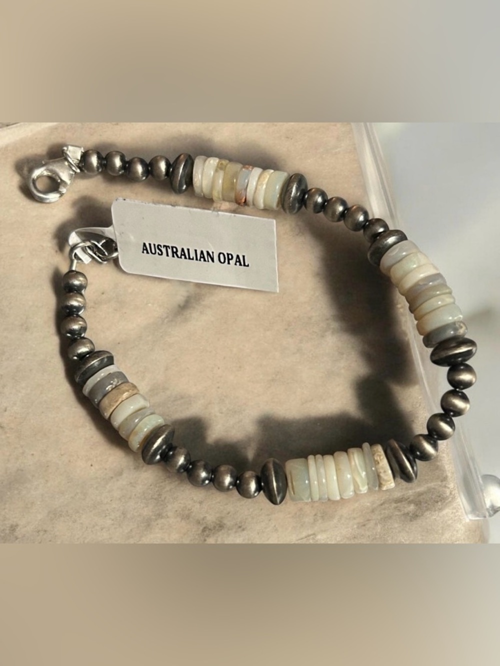 NWT Genuine Australian Opal & Sterling Silver Heishi Beaded Bracelet